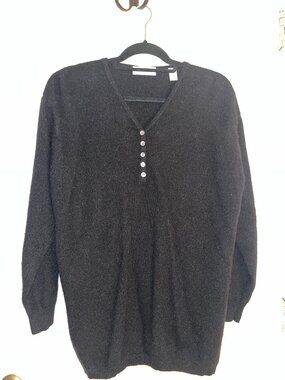 Lord & Taylor Black Henley V-neck Long Sweater Two-Ply Cashmere Luxury Size L